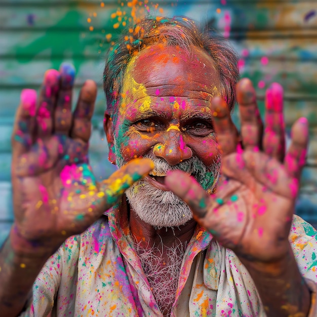 un uomo con la barba coperto di polvere colorata