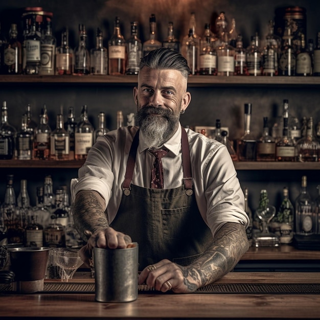 Un uomo con la barba è dietro un bar con una grande quantità di alcol alle spalle.