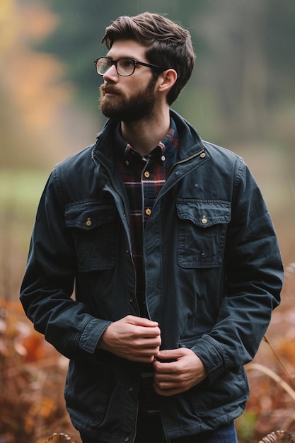 un uomo con la barba e gli occhiali in piedi in un campo