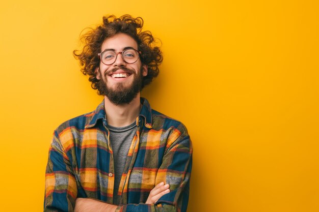 Un uomo con la barba e gli occhiali sta sorridendo e posando per una foto