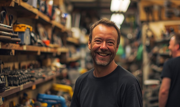Un uomo con la barba e i baffi che sorride in un negozio di ferramenta AI generativa