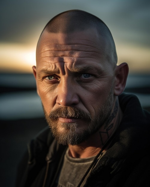 un uomo con la barba e i baffi è in piedi davanti a un tramonto.