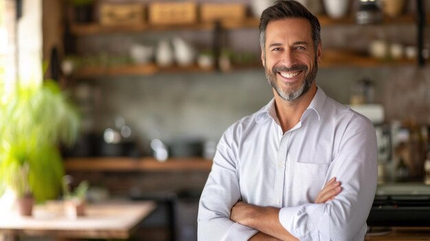 Un uomo con la barba e i baffi in piedi davanti ad alcuni scaffali ai