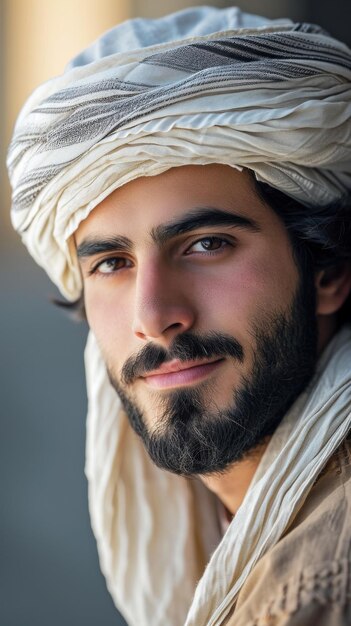 Un uomo con la barba e il turbante che guarda la telecamera