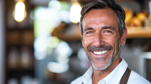 Un uomo con la barba e la camicia marrone sorride alla telecamera ai