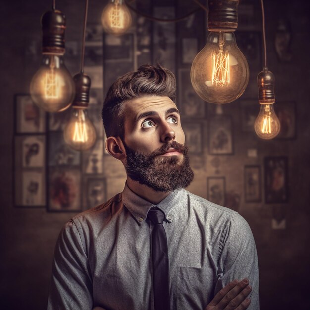 un uomo con la barba e la cravatta si trova di fronte a un muro con molte luci appese.