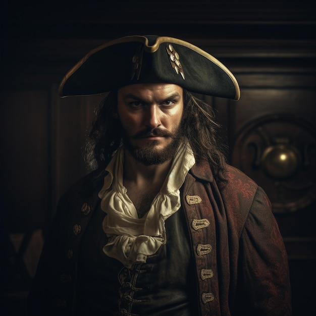 un uomo con la barba e un cappello da pirata è in piedi davanti a un muro.