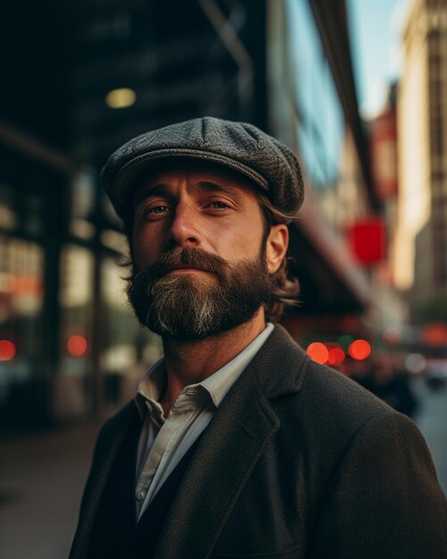 un uomo con la barba e un cappello è in piedi su un marciapiede.