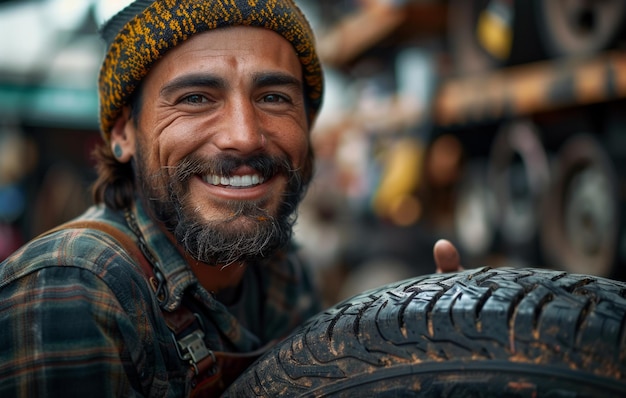 Un uomo con la barba e un cappello giallo sorride e tiene in mano una gomma concetto di felicità e soddisfazione