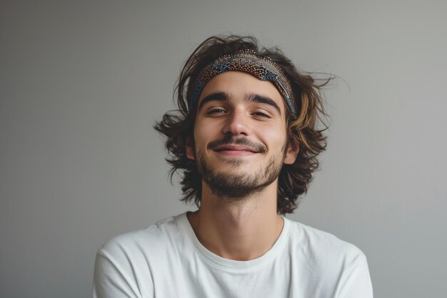 Un uomo con la barba e una bandana sulla testa sta sorridendo