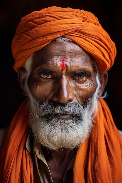 un uomo con la barba e una barba indossa un turbante arancione