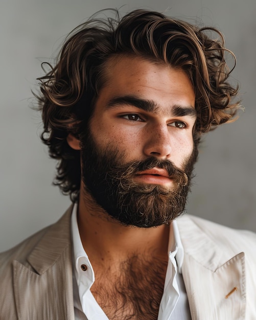 Un uomo con la barba e una camicia bianca