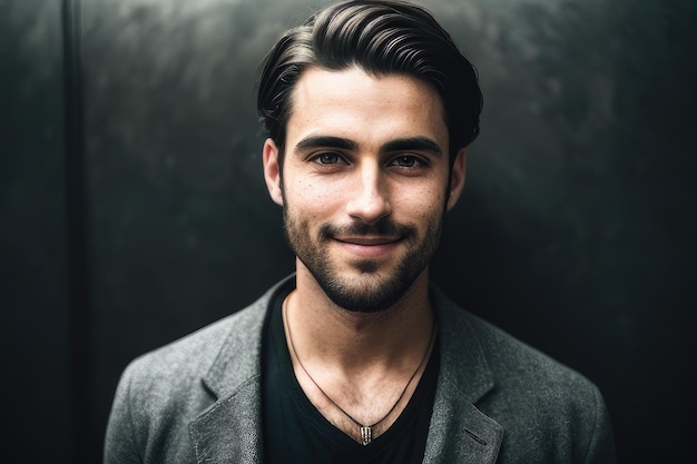 Un uomo con la barba e una camicia nera si trova davanti a uno sfondo nero.