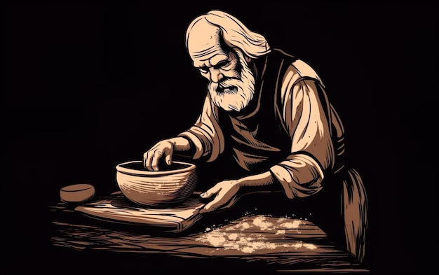 Un uomo con la barba e una ciotola di farina su un tavolo.