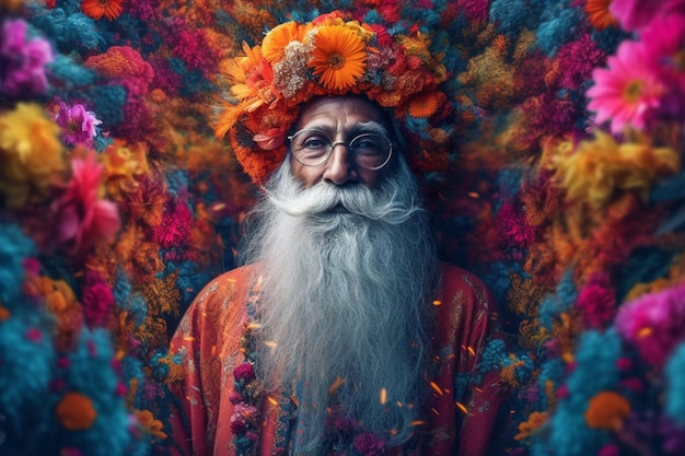 Un uomo con la barba e una corona di fiori in testa si trova davanti a uno sfondo colorato.