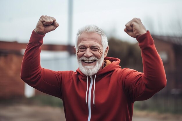 Un uomo con la barba e una felpa con cappuccio rossa sorride e alza le braccia in aria.