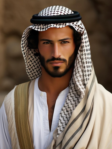 Un uomo con la barba e una sciarpa sulla testa.