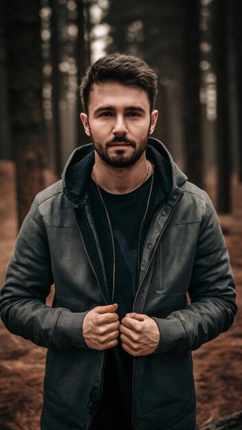 un uomo con la barba in piedi di fronte a una foresta con le mani piegate