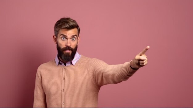 Un uomo con la barba indica a destra.