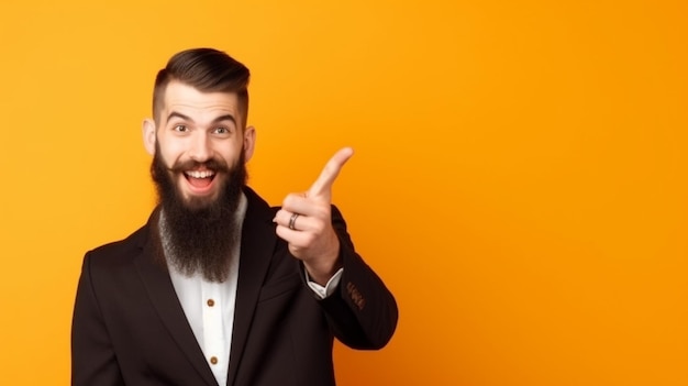 Un uomo con la barba punta il dito verso la telecamera