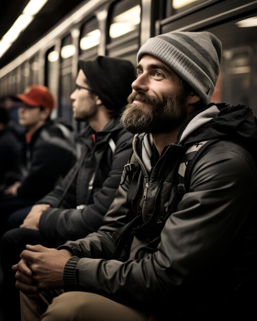 un uomo con la barba seduto su un treno della metropolitana