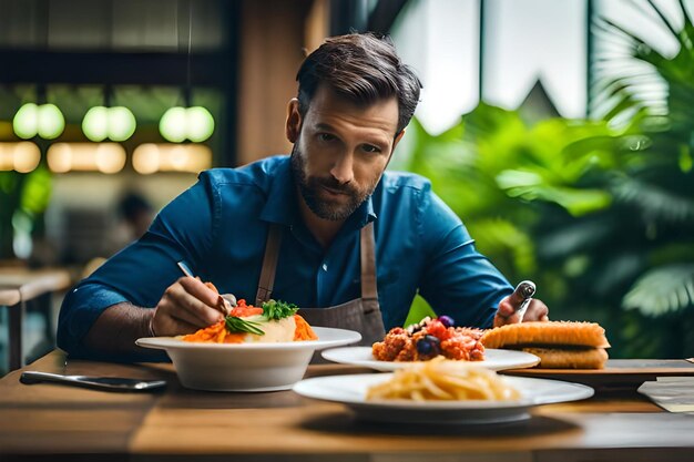 un uomo con la barba si siede a un tavolo con del cibo.