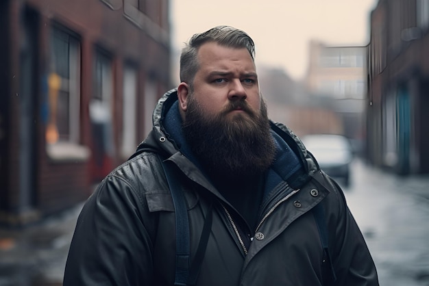 Un uomo con la barba si trova in strada.