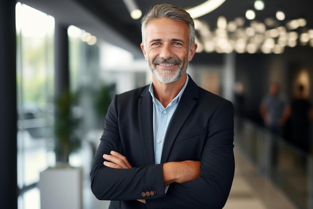 Un uomo con la barba si trova in un atrio con le braccia incrociate.