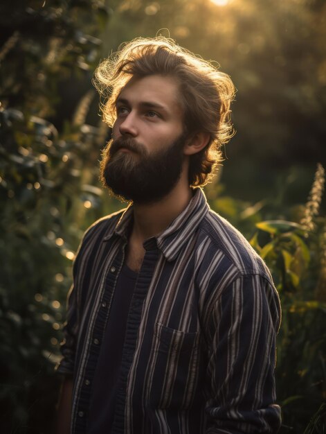 Un uomo con la barba si trova in un campo di piante.