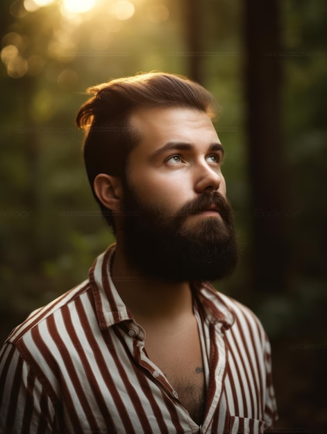 Un uomo con la barba si trova in una foresta.