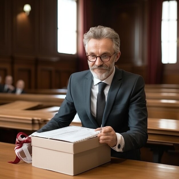 Un uomo con la barba siede a una scrivania con un libro in mano.