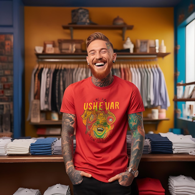 un uomo con la barba sorride allegramente in un negozio di abbigliamento