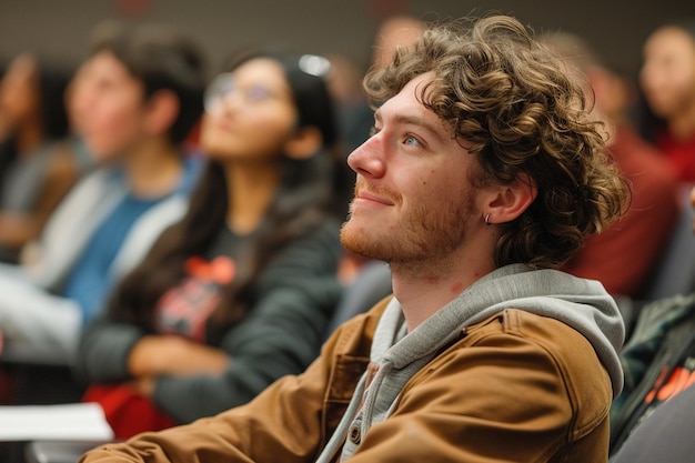 un uomo con la barba sorride in una sala conferenze