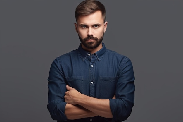 Un uomo con la barba sta in piedi con le braccia incrociate.