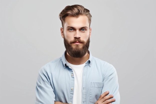 Un uomo con la barba sta in piedi con le braccia incrociate.