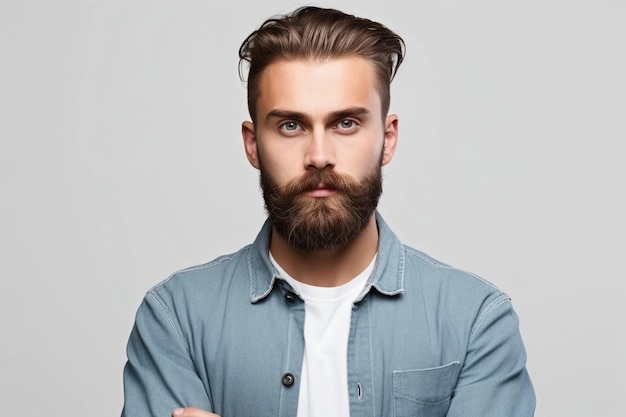 Un uomo con la barba sta in piedi con le braccia incrociate.