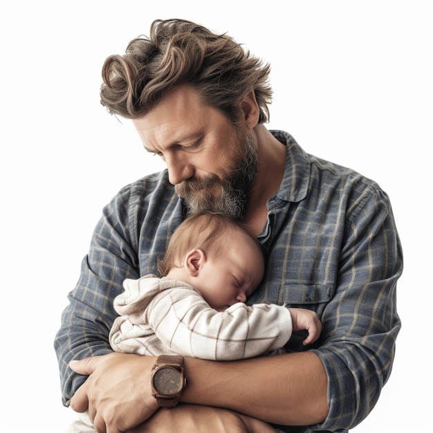 Un uomo con la barba tiene in braccio un bambino.