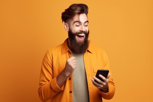 Un uomo con la barba tiene in mano un telefono e sorride