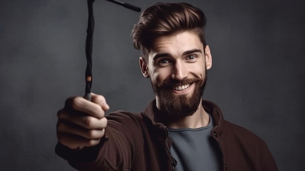 Un uomo con la barba tiene in mano una fionda.