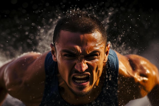 Un uomo con la faccia piena di gocce d'acqua