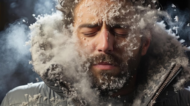 un uomo con la neve sulla faccia