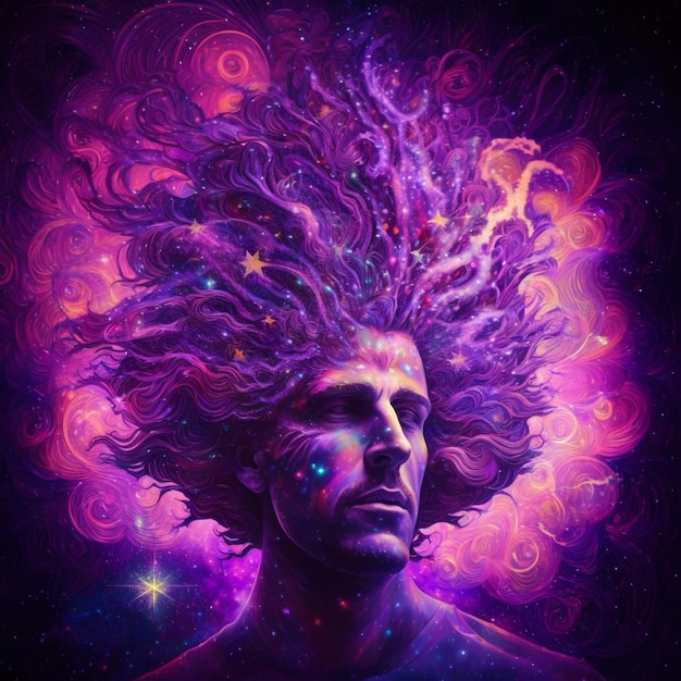 Un uomo con la testa e i capelli viola che dice "l'universo"
