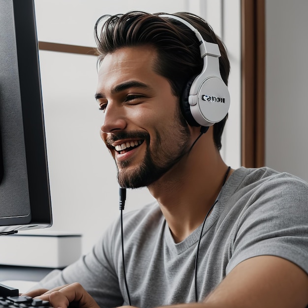 Un uomo con le cuffie che ascolta musica e sorride