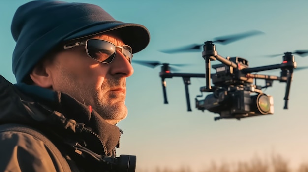 Un uomo con occhiali da sole e cappello nero guarda un drone con un cielo blu dietro di lui.