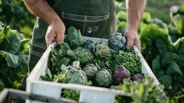 Un uomo con orgoglio in mano una scatola piena di verdure verdi fresche e vivaci