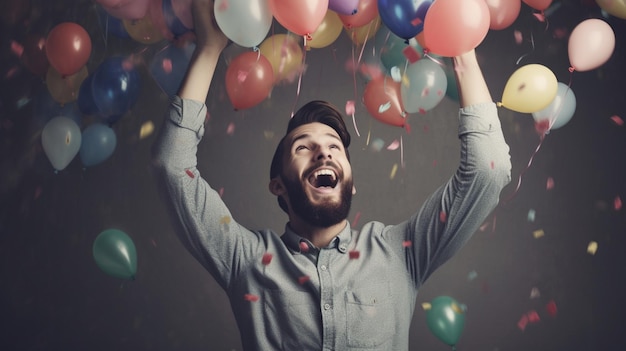 Un uomo con palloncini in aria con un sorriso sul volto.