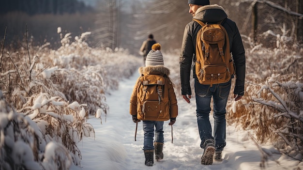 un uomo con sua figlia in una spedizione escursionistica con vista sulle montagne foto di alta qualità