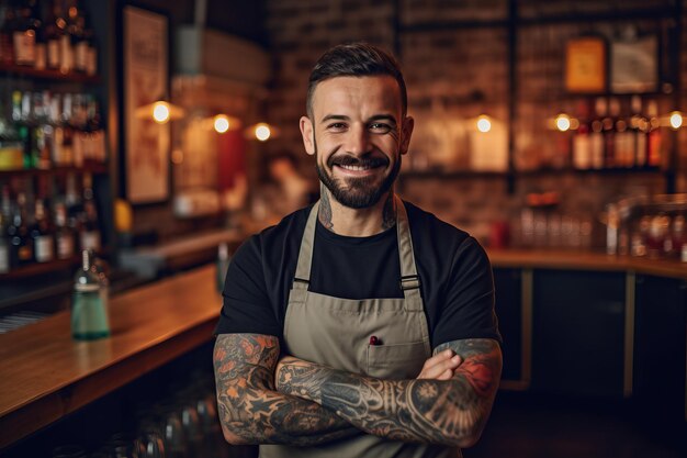 Un uomo con tatuaggi sulle braccia si trova in un ristorante.