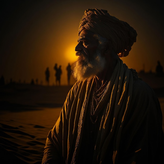 Un uomo con turbante e cappello è seduto nel deserto.