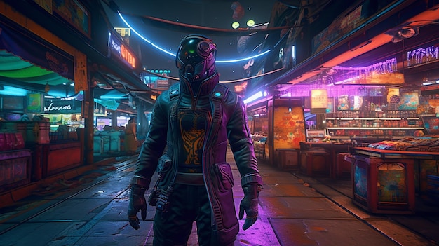 Un uomo con un abito dall'aspetto futuristico si trova in un vicolo buio con luci al neon.